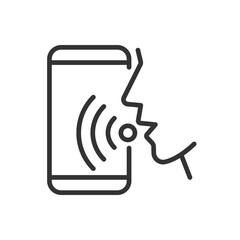 Sticker - Voice control pixel perfect linear icon. Audio command for application. Internet of Things. Thin line illustration. Contour symbol. Vector outline drawing. Editable stroke. Arial font used