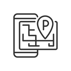 Sticker - Smart parking pixel perfect linear icon. Location on GPS, mobile application. Internet of Things. Thin line illustration. Contour symbol. Vector outline drawing. Editable stroke. Arial font used