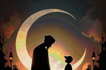 Poster - Eid mubarak background, Mosque in the moonlight at night 3D illustration, Arabic lanterns, AI Generative.