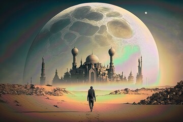 Poster - Eid mubarak background, Mosque in the moonlight at night 3D illustration, Arabic lanterns, AI Generative.