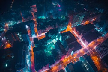 Wall Mural - Large night city with street intersections illuminated by neon light, view from above. Generative AI