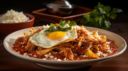 Mexican traditional chilaquiles breakfast.  Created with Generative AI technology