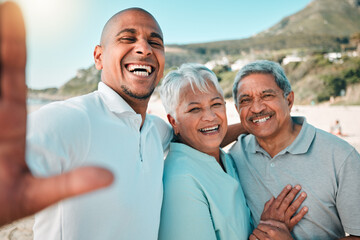 Wall Mural - Senior parents, son and beach selfie with smile, hug and happiness in summer sunshine for social media. Woman, men and portrait with happy, excited face or profile picture with love on family holiday