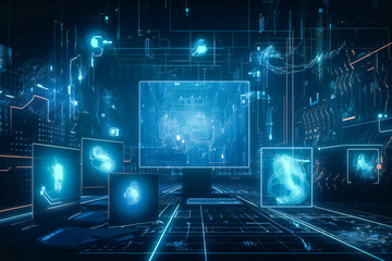 Poster - Blue abstract technology background. Abstract information technology, communications or artificial intelligence concept. Created with Generative AI technology.