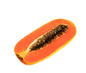 Ripe papaya fruit cut into half on transparent background. Summertime concept.