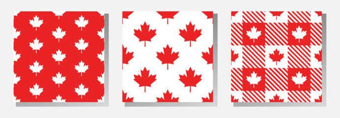 canadian vector seamless patterns collection. red maple leaves and stripes on white background. best