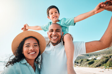 Canvas Print - Happy family, smile and portrait at beach for summer with child, mother and father for fun. Man, woman and boy kid playing for happiness and freedom on a holiday with love, care and support outdoor