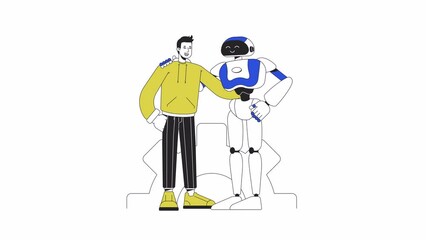 Fototapete - Robotics and humanity animation. Animated humanoid robot hugs human 2D cartoon flat colour line characters. AI impact 4K video concept footage on white with alpha channel transparency for web design