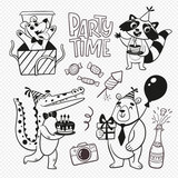 Fototapeta Pokój dzieciecy - Birthday animals and party elements. Four cute animals with gifts. A dog, a cocodrile, a bear and a raccoon. Cartoon style. Isolated elements. Outlined illustration.