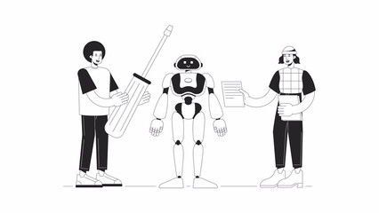 Fototapete - Building humanoid robot bw animation. Animated robotics engineers 2D flat monochromatic thin line characters. Mechatronics 4K video concept footage with alpha channel transparency for web design