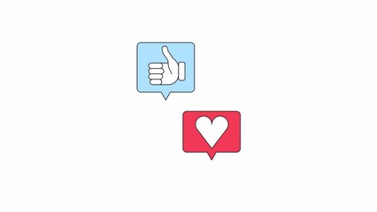 Poster - Animated floating media reactions. Flat outline style icon 4K video footage for web design. Like, thumb up isolated colorful thin line element animation on white with alpha channel transparency