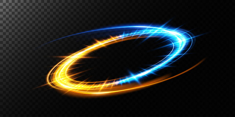 Leinwandbilder - Abstract light lines of high speed traffic, blue golden colors. Light everyday glowing effect. semicircular wave, light trail curve swirl, optical fiber incandescent png.