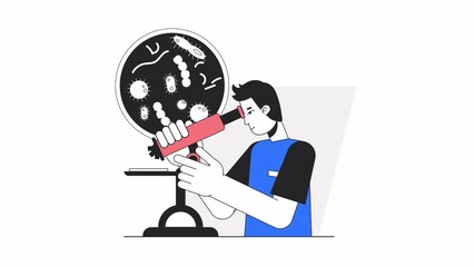 Fototapete - Clinical research animation. Animated medical lab technician 2D cartoon flat colour line character. Microbiology 4K video concept footage on white with alpha channel transparency for web design