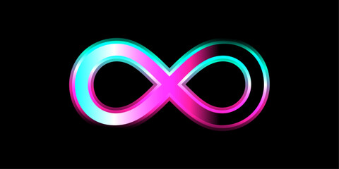 Leinwandbilder - 3d lines Infinity symbol in colorful spectrum glitch light isolated on black background in concept of unlimited, digital, technology, AI.