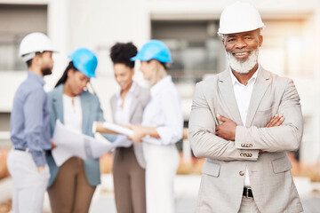 Poster - Architecture, construction and portrait of senior black man with team for building site, engineering and planning. Property development, leadership and happy male contractor for city maintenance
