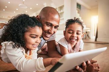 Aufkleber - Happy family father, tablet and children elearning, doing kindergarten homework or remote home school. Education, learning software and young kid studying on floor for youth development lesson