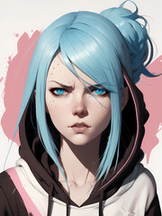 a portrait illustration of a young woman with white hair, blue, eyes, light skin, hoodie and street clothes, painting, digital art, drawing, generative ai generative ki