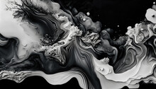 Beautiful Black And White Liquid Swirls With White Particles. Luxurious Art Wallpaper. Generative AI.