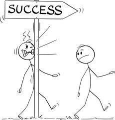 Poster - Person or Businessman on the Way for Success Hit the Arrow, Vector Cartoon Stick Figure Illustration