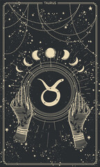 Wall Mural - aesthetic taurus zodiac card for stories, astrological horoscope, boho line design, gold engraving o