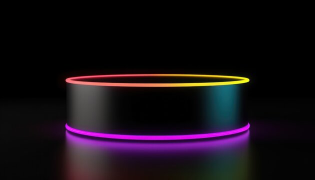 3D dark full podium with neon rainbow light on a black background. Empty stage for product presentation or fashion show performance, pedestal in nightclub dance floor Generate AI.