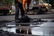 worker, fixing pothole with hot asphalt mixture, created with generative ai