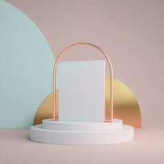 White pedestal with pastel color, solid background, Podium display with metal gold frame rim, trendy subtle, Abstract for product promotion, 3D podium, Created using generative AI.