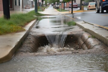 Wall Mural - sewer water overflowing onto the sidewalk and into storm drain, created with generative ai