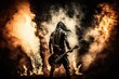 © primopiano - heavy metal guitarist, surrounded by smoke and pyrotechnics, on stage, created with generative ai