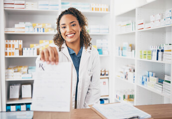 Poster - Pharmacy portrait, medicine bag or happy woman giving package to pov patient in customer services. Pharmacist help desk, smile or doctor with pharmaceutical note or medical product receipt in clinic