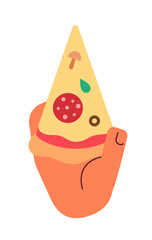 Poster - Holding cheese pepperoni pizza slice semi flat colour vector first view hand. Party snack. Fastfood. Editable cartoon style icon on white. Simple spot illustration for web graphic design and animation