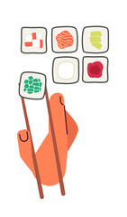 Poster - Taking maki roll with chopsticks out sushi set semi flat colour vector first view hand. Eating food. Editable cartoon style icon on white. Simple spot illustration for web graphic design and animation
