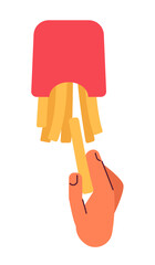 Poster - Tasting crispy fast food french fries semi flat colour vector first view hand. Eating fry potatoes. Editable cartoon style icon on white. Simple spot illustration for web graphic design and animation