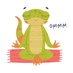 Wall Mural - Funny Green Gecko Character Sitting in Yoga Pose on Mat and Meditating Vector Illustration