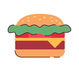 Poster - Juicy cheeseburger from fast food restaurant semi flat colour vector object. Hamburger with cheese. Editable cartoon style icon on white. Simple spot illustration for web graphic design and animation
