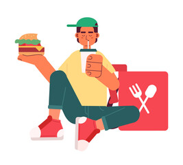 Fototapete - Food delivery teen worker eating cheeseburger, drinking semi flat colorful vector character. Editable full body person on white. Simple cartoon spot illustration for web graphic design and animation