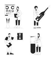 Poster - medical services bw concept vector spot illustrations pack. doctors diagnosis 2d flat line monochrom