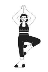 Poster - athletic woman doing morning yoga monochromatic flat vector character. active living. editable thin 