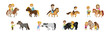 Cute Kid Jockey Riding Horse with Leading Reins and Grooming Vector Set
