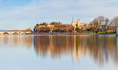 Wall Mural - Pont Saint Benezet bridge on the Rhone River  and  Palace of the Popes ( Palais des Papes) and Avignon Cathedral - Avignon city, France 