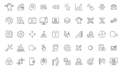  Set of thin line icons of graphic design. Simple linear icons in a modern style flat, Creative Process. Graphic design, creative package, stationary, software.