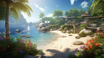 Wall Mural - tranquil paradise island resort with seascape in sunny day, white sand beach and blue water, idea for summer season background wallpaper, Generative Ai