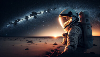 Astronaut enjoying the Milky Way galaxy view on the beach at night with helmet - Generative AI