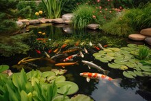 Backyard Pond With Koi Fish Swimming Among Lily Pads, Created With Generative Ai