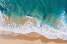 Ocean Waves On The Beach As A Background. Beautiful Natural Summer Vacation Holidays Background. Aerial Top Down View Of Beach And Sea With Blue Water Waves
