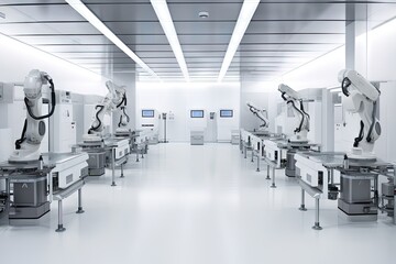 cleanroom with robots performing exacting and repetitive tasks, such as loading or unloading supplies, created with generative ai