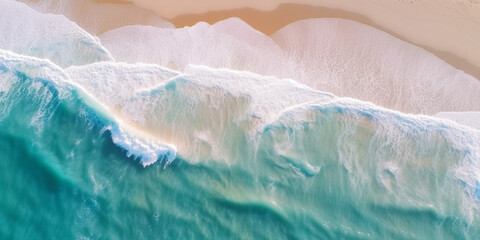 Ocean waves on the beach as a background. Beautiful natural summer vacation holidays background. Aerial top down view of beach and sea with blue water waves