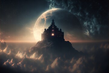 Wall Mural - a wonderful picture of a dreamlike place, with a mountain, a castle, and a wonderful sky