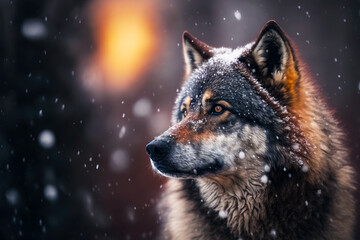 Wall Mural - Close up of dog with snow on it's face and blurry background. Generative AI.