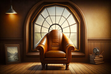 Canvas Print - Chair sitting in front of window in room with wooden floors. Generative AI.